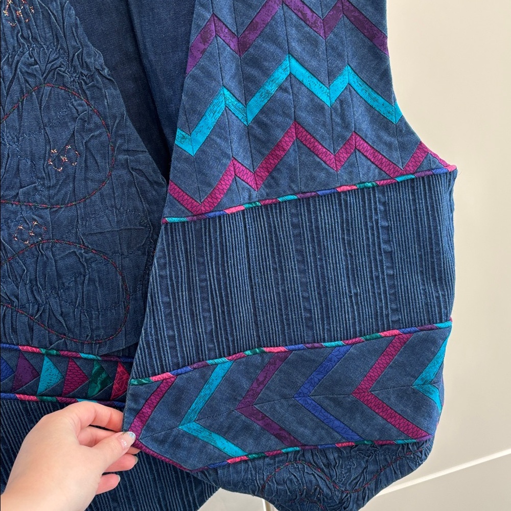 Handmade Embroidered Navy Chevron Vest with Teal & Magenta Accents - Picture 3 of 4
